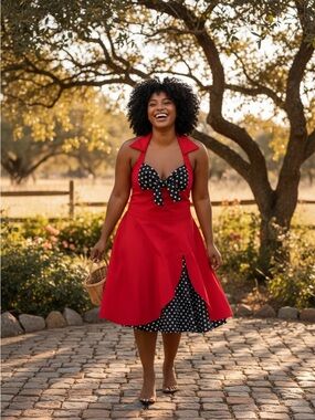 2X PLUS SIZE Red Halter Swing Dress with Black & White Polka Dot Bow XXL